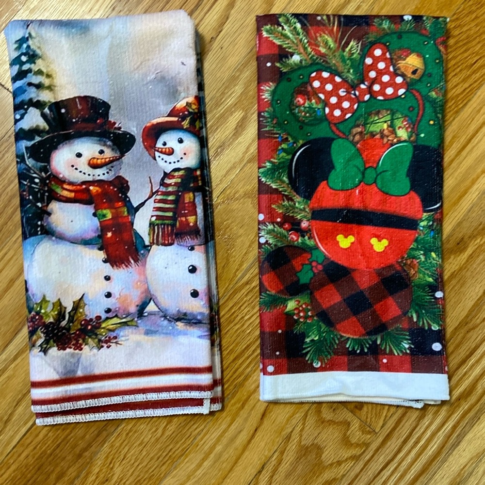 Brand New Two 70x45”Decorative Christmas Kitchen Towels. Snowman Micky Ornament.
